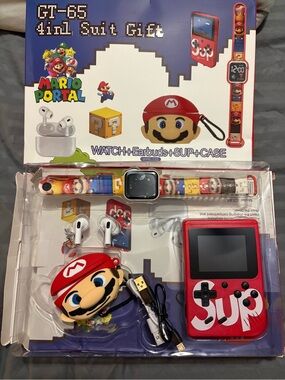 Red Handheld Gaming Console Bundle with Mario-Themed Accessories